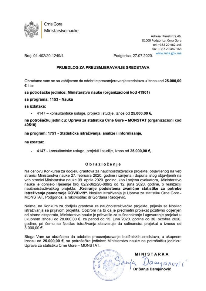 Предлог за преусмјерење средстава с потрошачке јединице Министарство науке на потрошачку јединицу Управа за статистику Црне Горе - МОНСТАТ