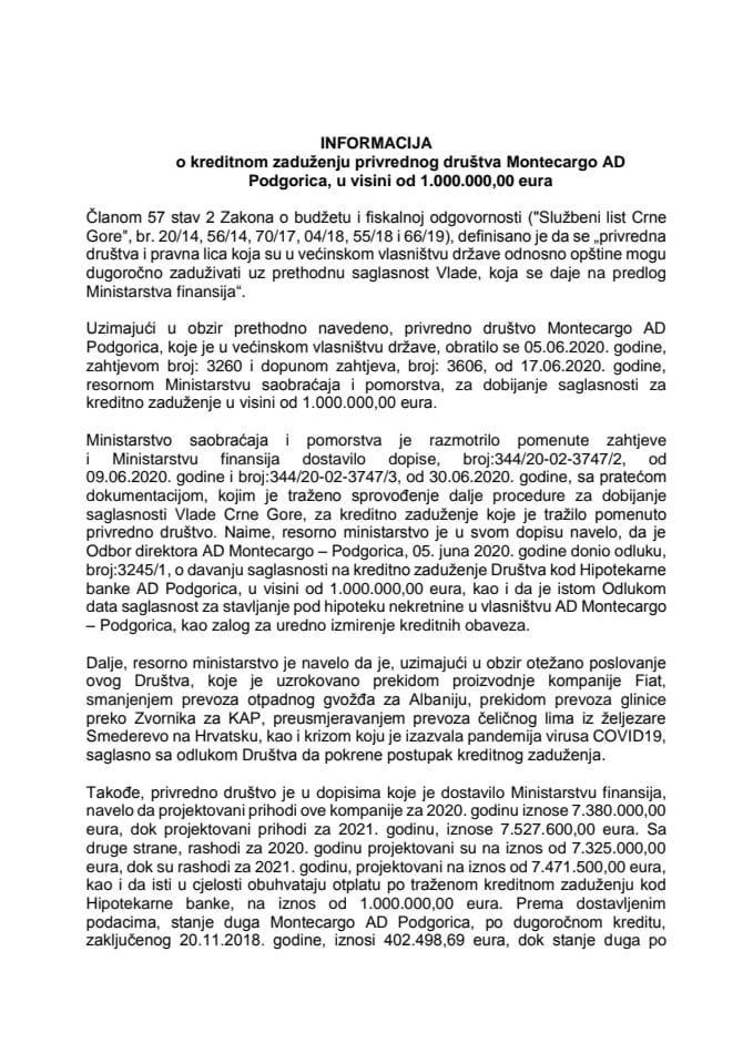 Информација о кредитном задужењу привредног друштва Монтецарго АД Подгорица, у висини од 1.000.000,00 еура