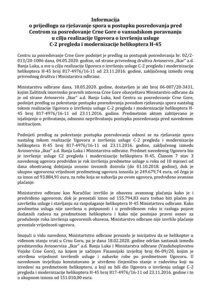 Informacija o predlogu za rješavanje spora u postupku posredovanja pred Centrom za posredovanje Crne Gore o vansudskom poravnanju u cilju realizacije Ugovora o izvršenju usluge C-2 pregleda i moderniz