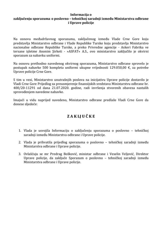 Informacija o zaključenju sporazuma o poslovno – tehničkoj saradnji između Ministarstva odbrane i Uprave policije s Predlogom sporazuma