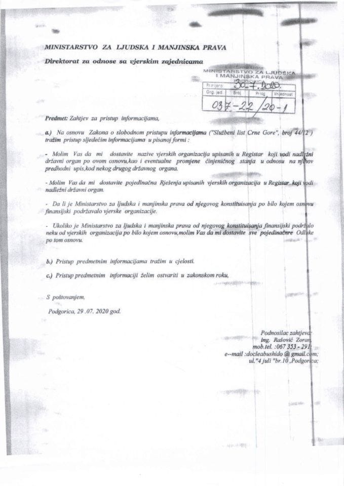 Zahtjev za slobodan pristup informacijama Ing. Rašović Zoran broj 037-22/20-1, Rješenje 037-22/20-2 i Odgovor 037-22/20-3