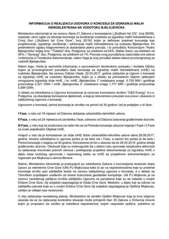 Informacija o realizaciji ugovora o koncesiji za izgradnju malih hidroelektrana na vodotoku Bjelojevićka sa Predlogom ugovora o koncesiji za izgradnju malih hidroelektrana mHE „Bjelojevićka 1“ i mHE „