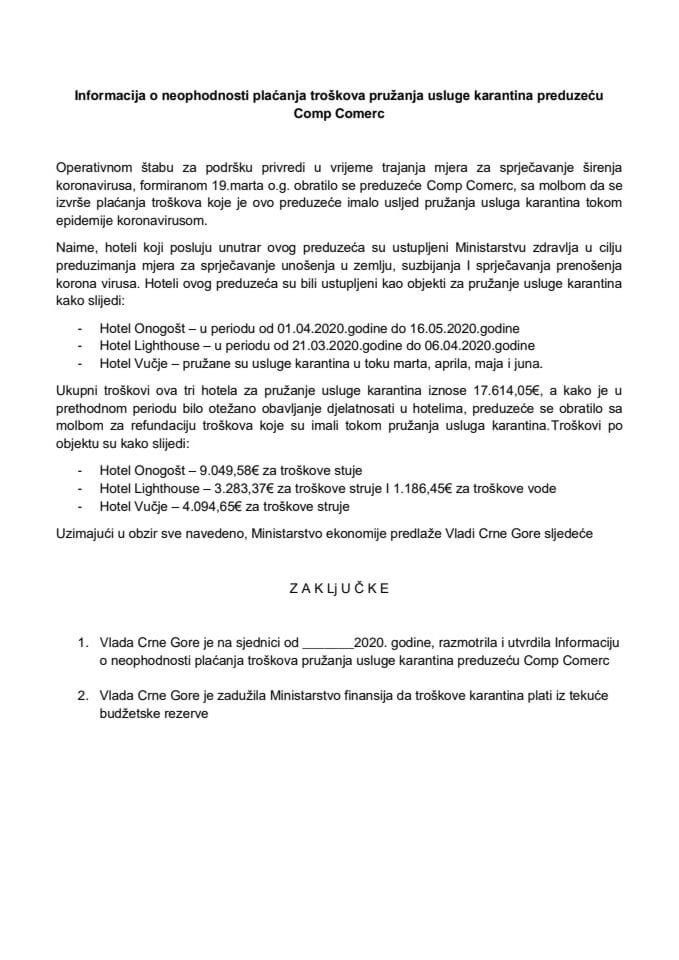 Информација о неопходности плаћања трошкова пружања услуге карантина предузећу Цомп Цомерц