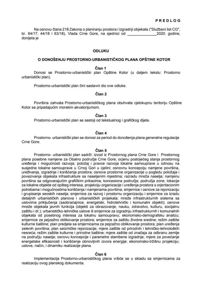 Predlog odluke o donošenju Prostorno-urbanističkog plana Opštine Kotor s Izvještajem sa javne rasprave