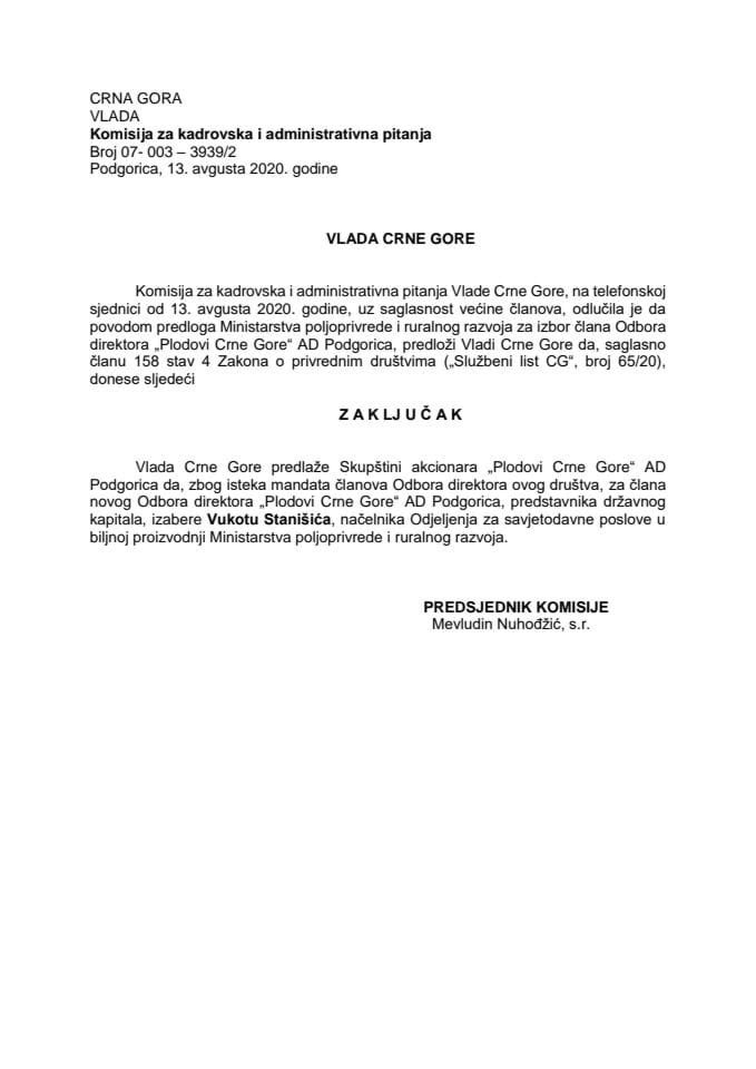 Предлог закључка о избору члана Одбора директора „Плодови Црне Горе“ АД Подгорица