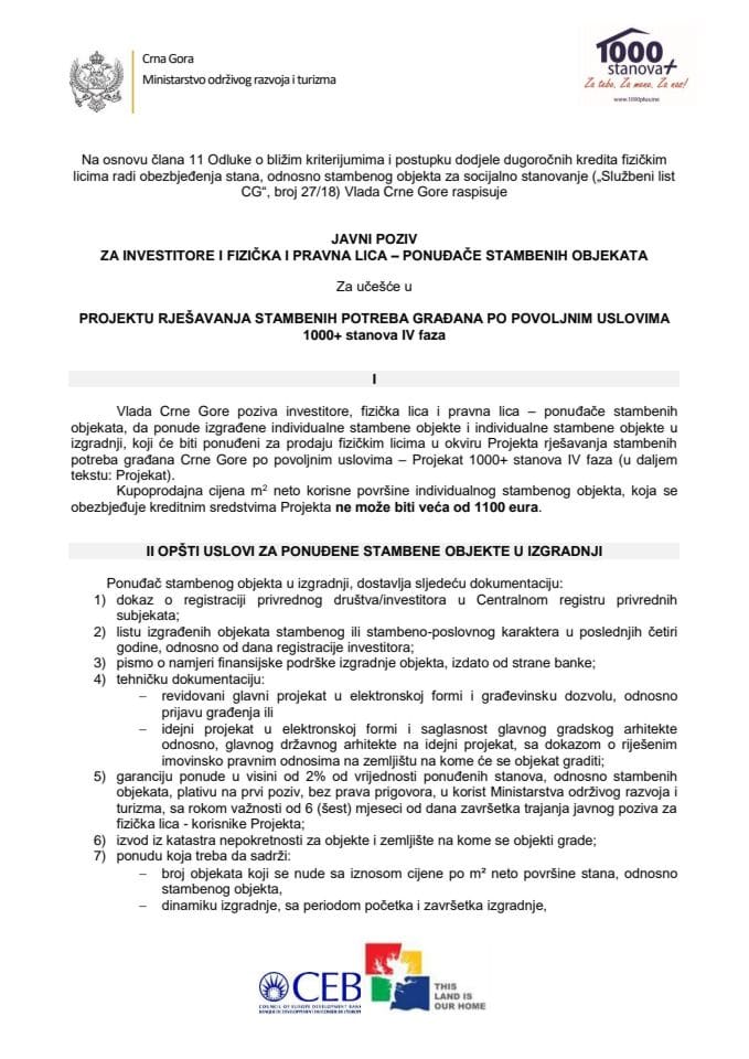 Javni poziv za investitore i fizička i pravna lica – ponuđače stambenih objekata za učešće u projektu rješavanja stambenih potreba građana po povoljnim uslovima - Projekat 1000+ stanova IV faza