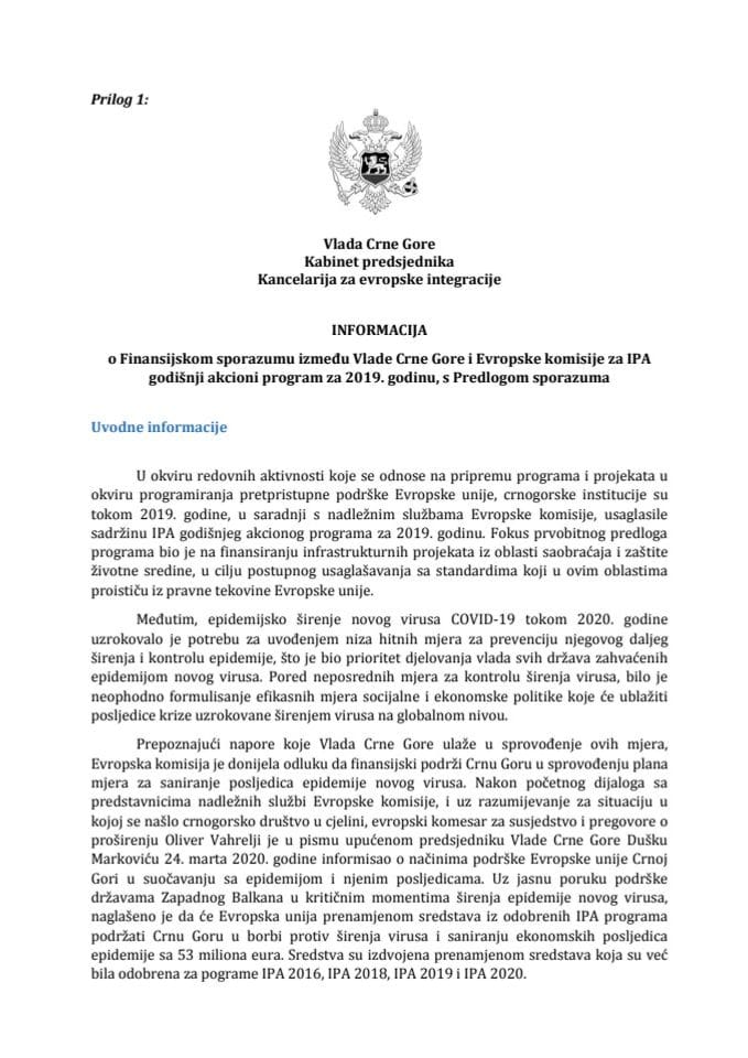 Информација о Финансијском споразуму између Владе Црне Горе и Европске комисије за ИПА годишњи акциони програм за 2019. годину с Предлогом финансијског споразума