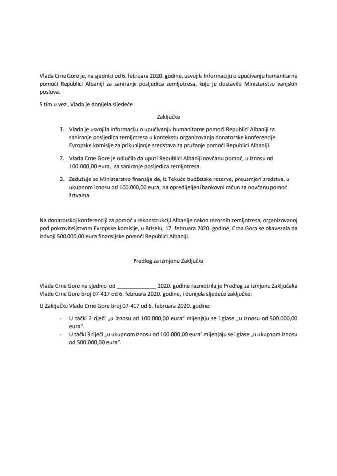Predlog za izmjenu Zaključka Vlade Crne Gore, broj: 07-417, od 6. februara 2020. godine (bez rasprave)