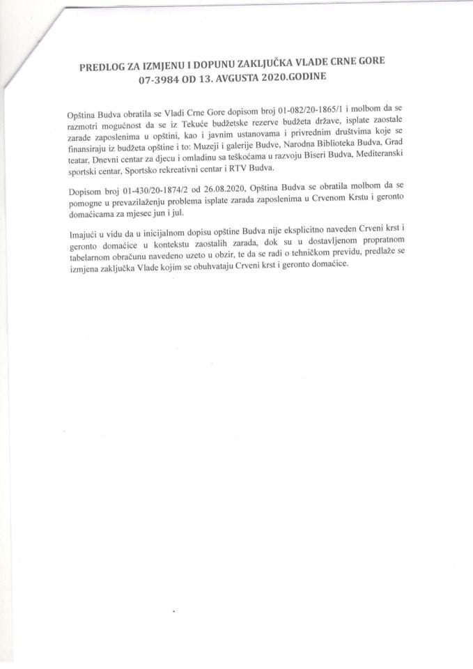 Predlog za izmjenu Zaključka Vlade Crne Gore, broj: 07-3984, od 13. avgusta 2020. godine