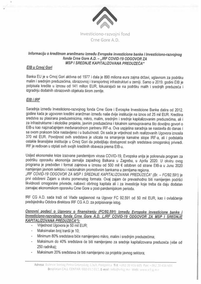 Informacija o kreditnom aranžmanu između Evropske investicione banke i Investiciono - razvojnog fonda Crne Gore AD - "IRF COVID-19 odgovor za MSP i srednje kapitalizovana preduzeća" s Predlogom ugovor