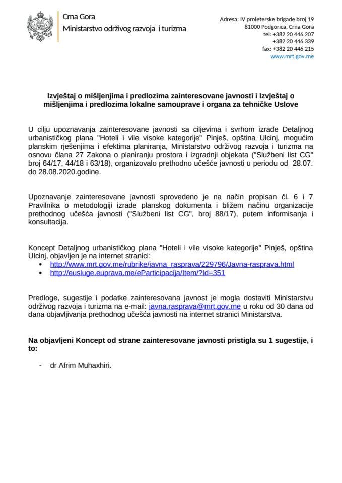 Izvještaj o mišljenjima i predlozima zainteresovane javnosti i Izvještaj o mišljenjima i predlozima lokalne samouprave i organa za tehničke uslove za Detaljni urbanistički plan "Hoteli i vile visoke k
