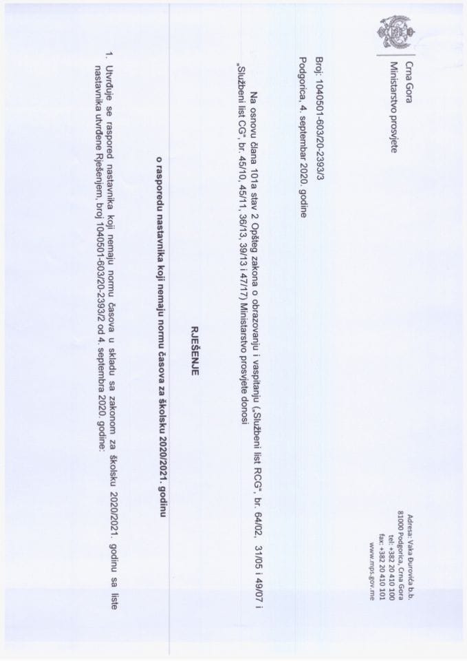 Rješenje - Raspored nastavnika 2020-2021.