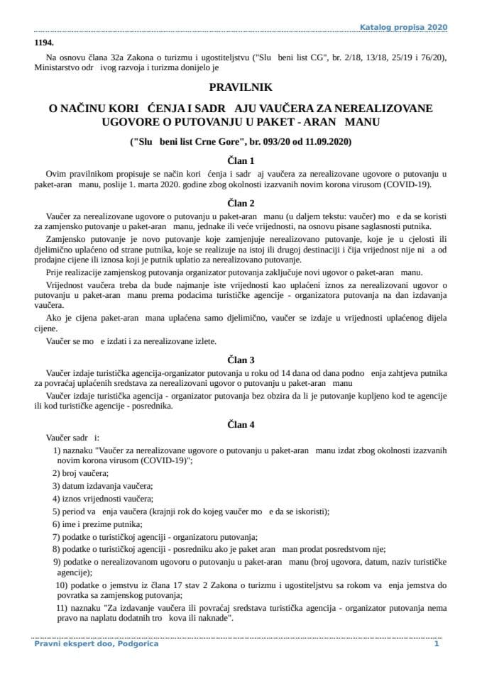 Pravilnik o načinu korišćenja i sadržaju vaučera za nerealizovane ugovore o putovanju u paket - aranžmanu