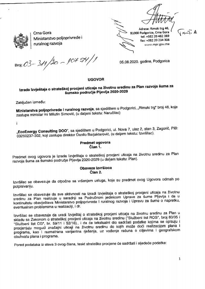 Ugovor o izradi izvjestaja o strateskoj procjeni uticaja - Pjevlja