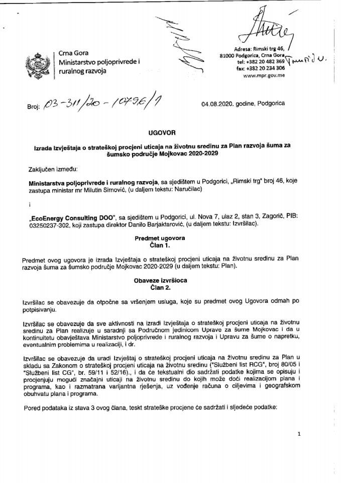 Ugovor o izradi izvjestaja o strateskoj procjeni - Mojkovac