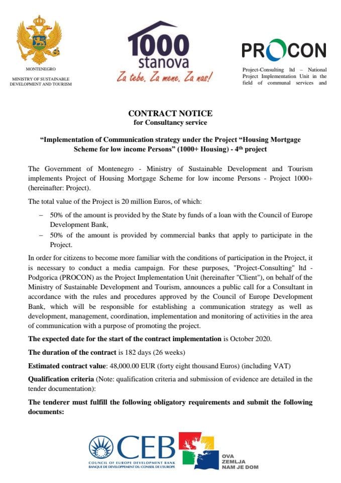 Contract notice for Consultancy service - “Implementation of Communication strategy under the Project “Housing Mortgage Scheme for low income Persons” (1000+ Housing) - 4th project