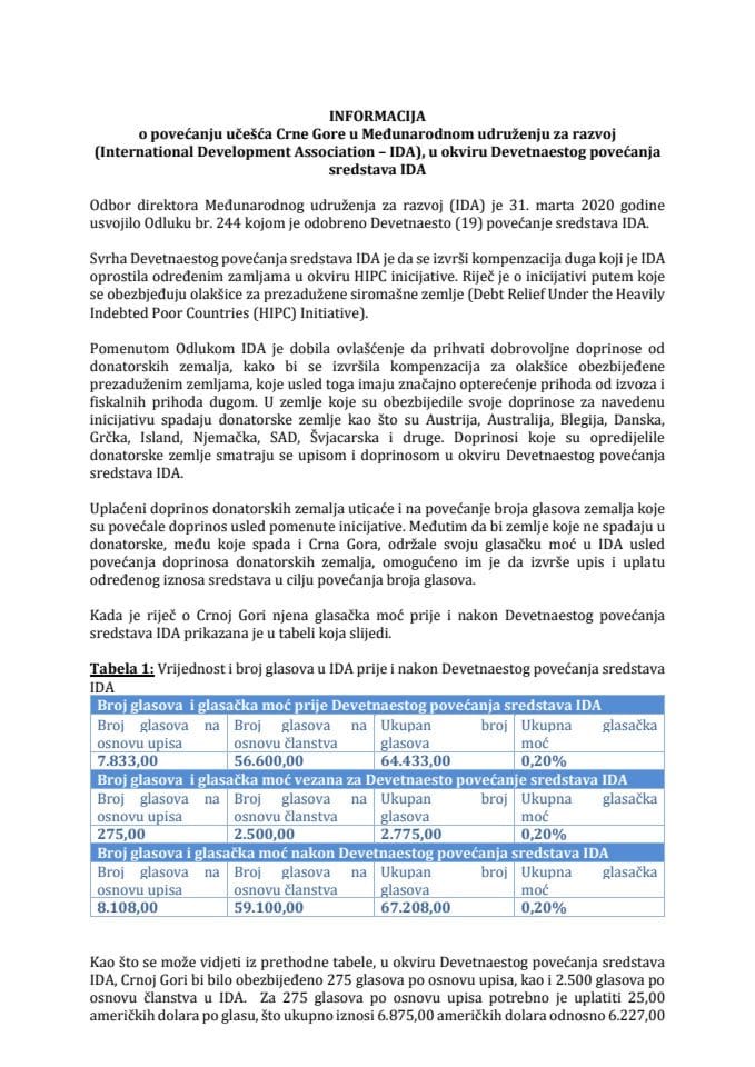 Информација о повећању учешћа Црне Горе у Међународном удружењу за развој (Интернатионал Девелопмент Ассоциатион - ИДА), у оквиру Деветнаестог повећања средстава ИДА