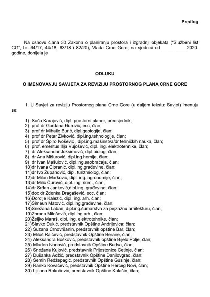Predlog odluke o imenovanju Savjeta za reviziju Prostornog plana Crne Gore