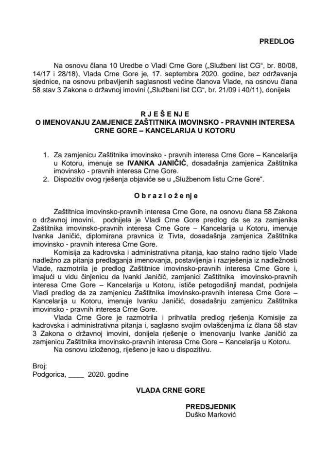Predlog rješenja o imenovanju zamjenice Zaštitnika imovinsko-pravnih interesa Crne Gore – Kancelarija u Kotoru