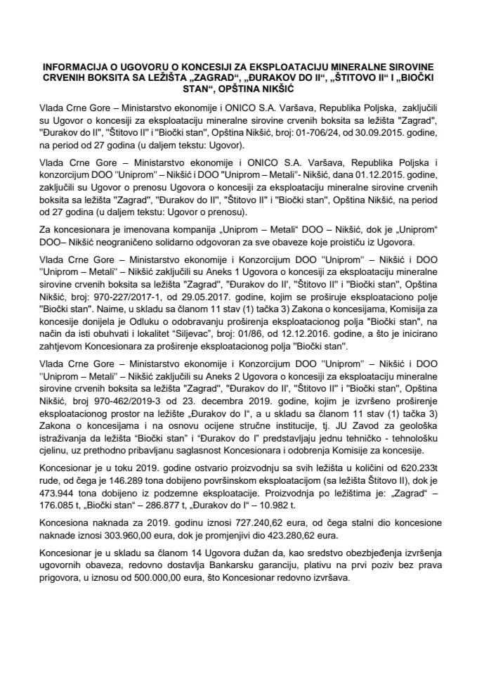 Informacija o ugovoru o koncesiji za eksploataciju mineralne sirovine crvenih boksita sa ležišta "Zagrad", "Đurakov do II", "Štitovo II" i "Biočki stan", opština Nikšić