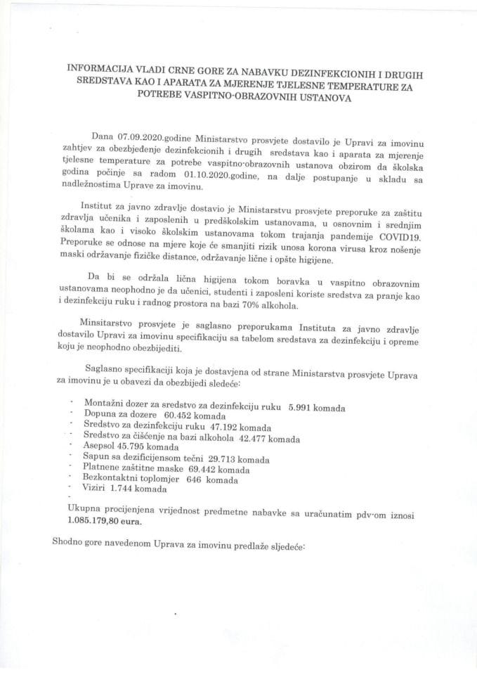 Informacija Vladi Crne Gore za nabavku dezinfekcionih i drugih sredstava kao i aparata za mjerenje tjelesne temperature za potrebe vaspitno-obrazovnih ustanova