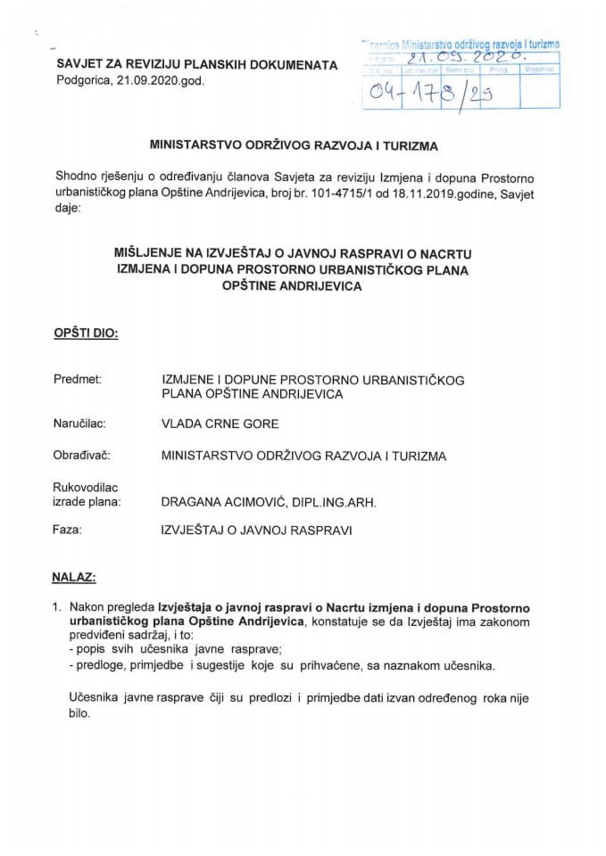 Mišljenje Savjeta na Izvještaj o javnoj raspravi o Nacrtu Izmjena i dopuna Prostorno urbanističkog plana Opštine Andrijevica.