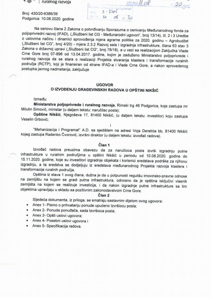 Ugovor o izvodjenju gradjevinskih radova u opstini Niksic