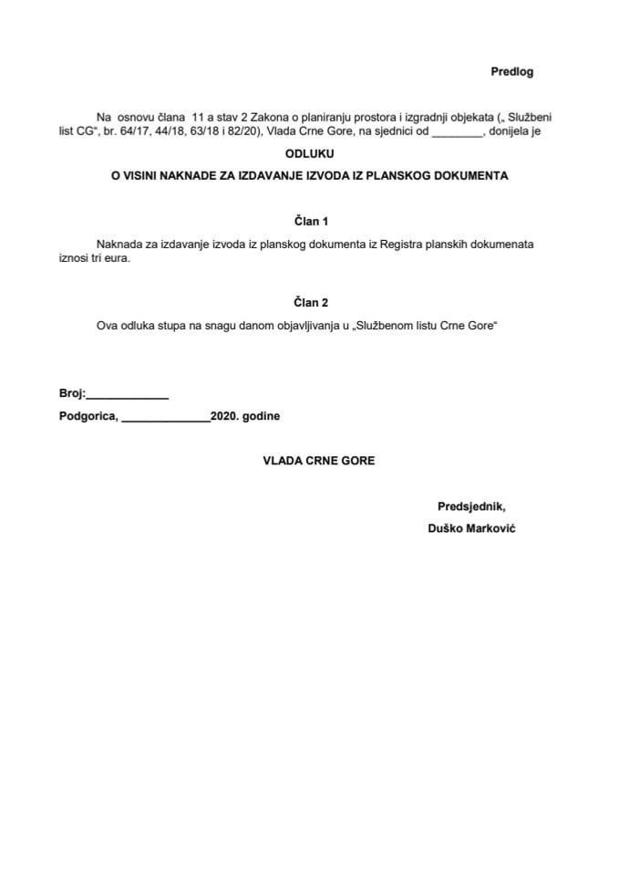 Predlog odluke o visini naknade za izdavanje izvoda iz planskog dokumenta
