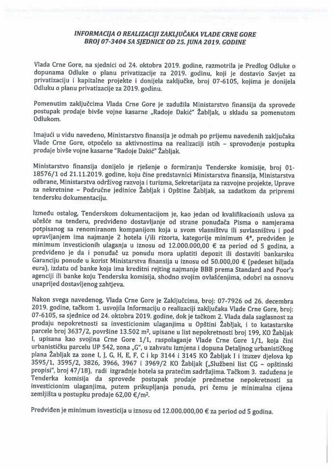 Informacija o realizaciji zaključaka Vlade Crne Gore, broj: 07-3404, sa sjednice od 25. juna 2020. godine	