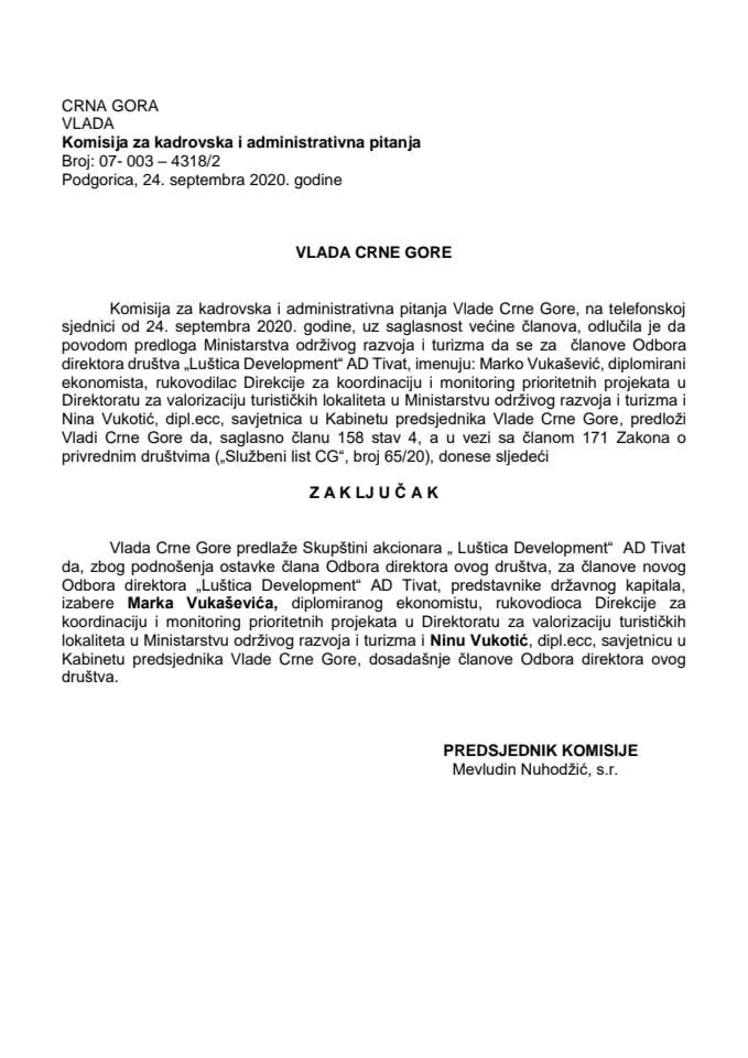 Предлог закључка о избору чланова Одбора директора “Луштица Девелопмент” АД Тиват 	