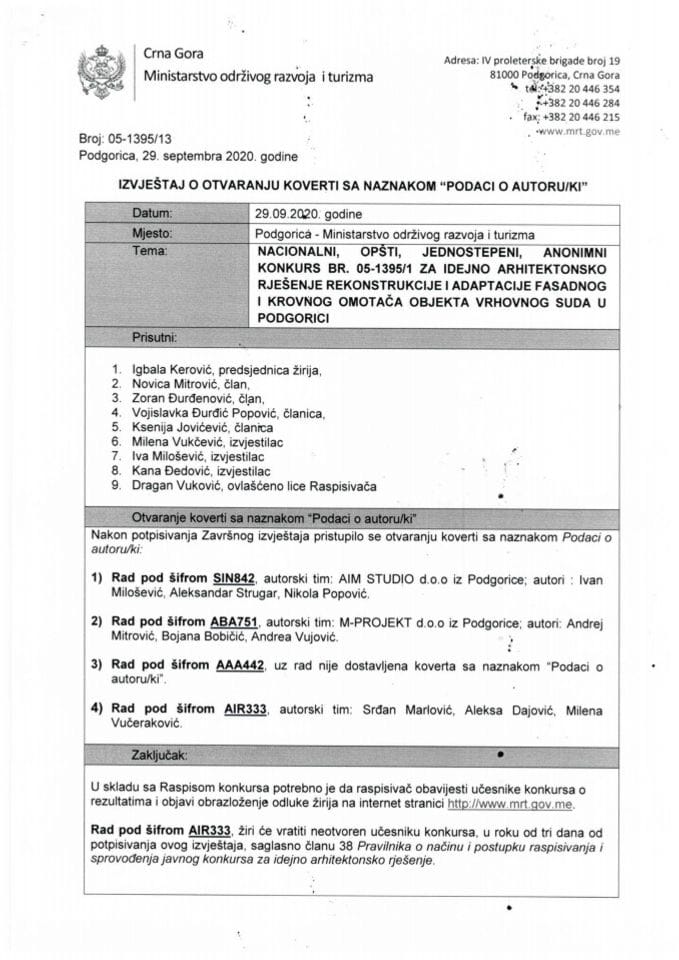 Izvještaj o otvaranju koverti sa naznakom ,,Podaci o autoru-ki''