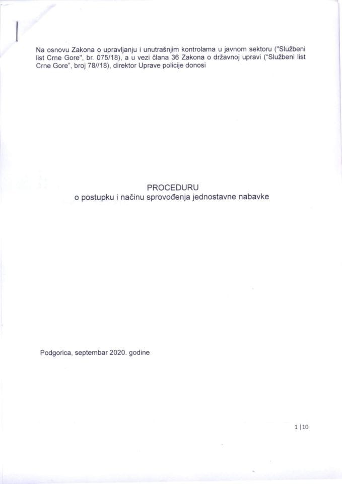 Procedura o postupku i načinu sprovođenja jednostavne nabavke 01 broj 426/20-23306 od 25.09.2020.