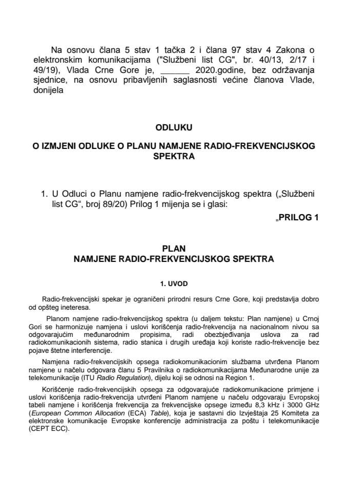 Predlog odluke o izmjeni Odluke o Planu namjene radio-frekvencijskog spektra