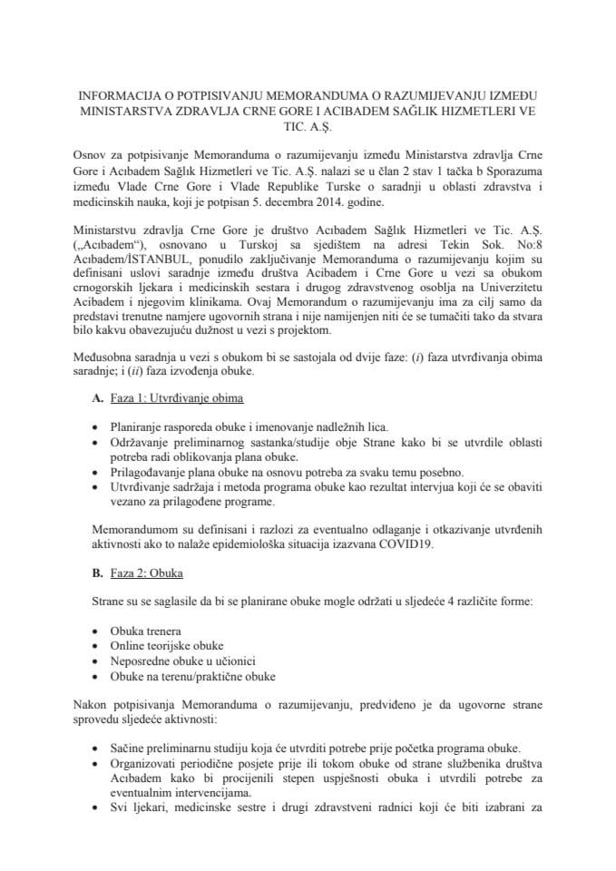 Informacija o potpisivanju Memoranduma o razumijevanju između Ministarstva zdravlja Crne Gore i Acıbadem Sağlık Hizmetleri ve Tic. A.Ş. s Predlogom memoranduma o razumijevanju