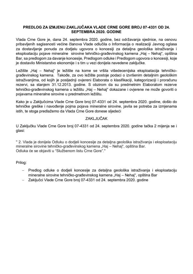 Predlog za izmjenu zaključaka Vlade Crne Gore, broj: 07-4331, od 24. septembra 2020. godine