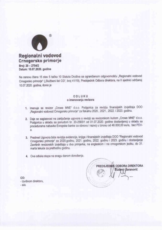 Odluka o imenovanju revizora „Crowe MNE“ d.o.o. Podgorica za reviziju finansijskih izvještaja DOO „Regionalni vodovod Crnogorsko primorje“ za fiskalnu 2020, 2021, 2022 i 2023. godinu