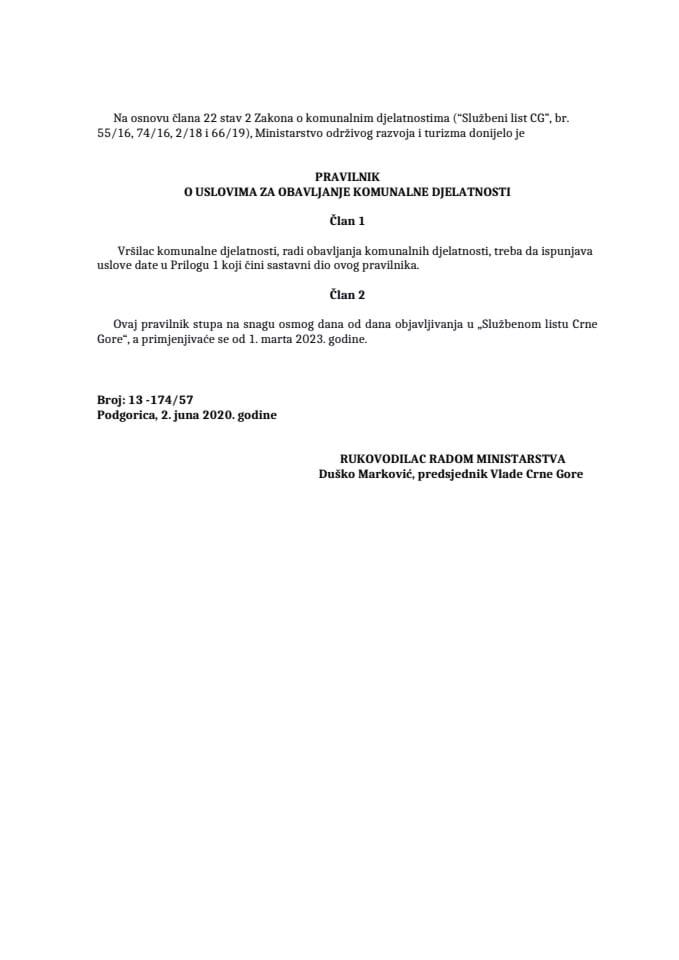 Правилник о условима за обављање комуналне дјелатности ("Службени лист Црне Горе", бр. 054/20 од 08.06.2020)