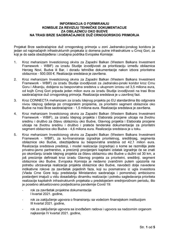 Informacija o formiranju Komisije za reviziju tehničke dokumentacije za obilaznicu oko Budve na trasi Brze saobraćajnice duž crnogorskog primorja