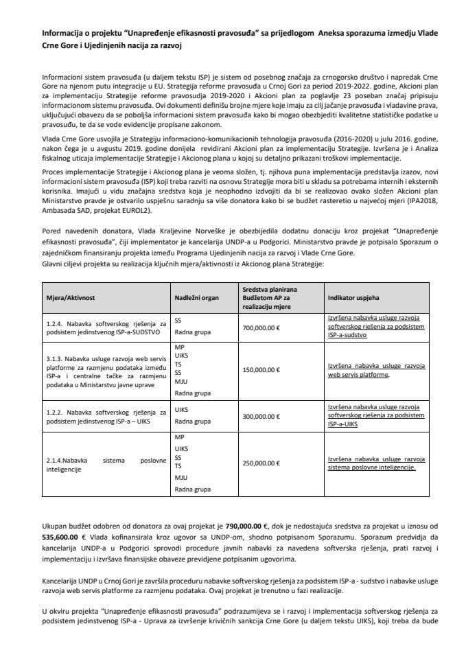 Informacija o projektu „Unapređenje efikasnosti pravosuđa“ s Predlogom aneksa sporazuma između Vlade Crne Gore i Ujedinjenih nacija za razvoj