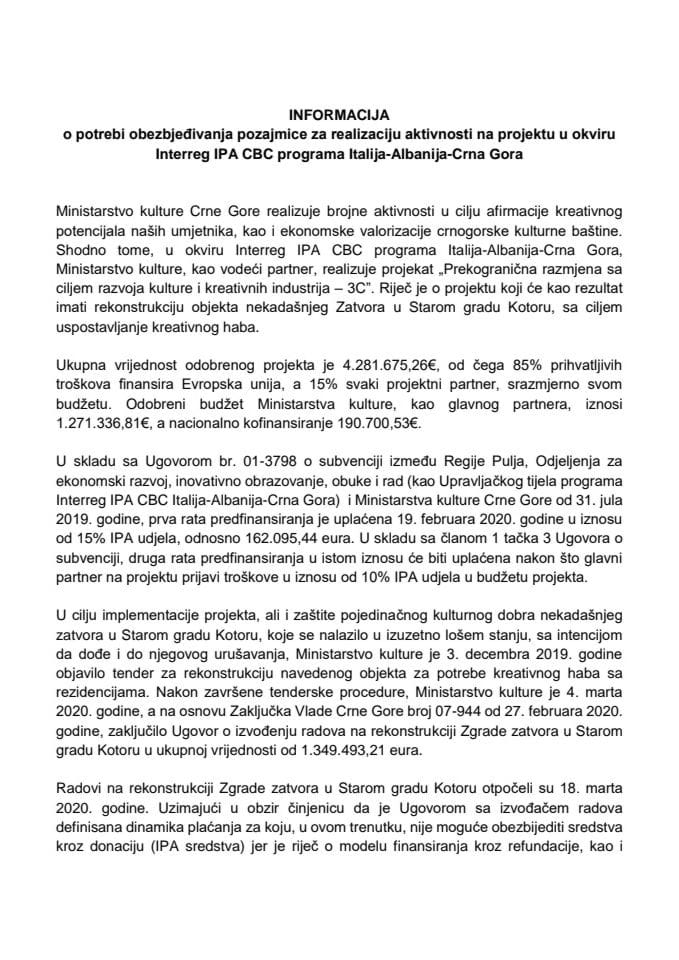 Informacija o potrebi obezbjeđivanja pozajmice za realizaciju aktivnosti na projektu u okviru Interreg IPA CBC programa Italija-Albanija-Crna Gora