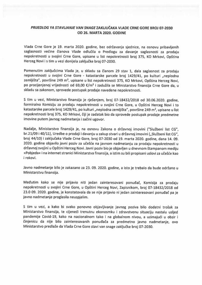 Предлог за стављане ван снаге Закључака Владе Црне Горе, број: 07-2030, од 26. марта 2020. године