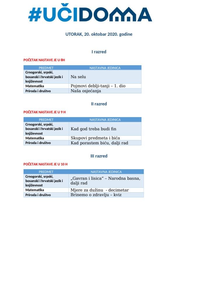 UTORAK  - 20. oktobar 2020. godine