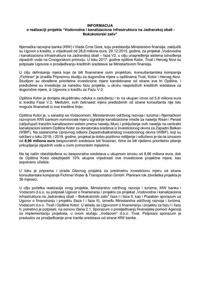 Informacija o realizaciji projekta „Vodovodna i kanalizaciona infrastruktura na Jadranskoj obali - Bokokotorski zaliv“ s Predlogom sporazuma o prosljeđivanju finansijske pomoći	