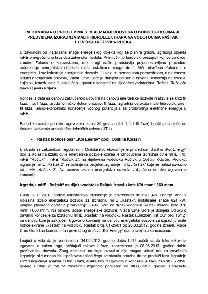 Informacija o problemima u realizaciji Ugovora o koncesiji kojima je predviđena izgradnja malih hidroelektrana na vodotocima Raštak, Ljeviška i Reževića rijeka 	