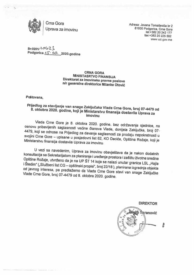 Predlog za stavljanje van snage Zaključaka Vlade Crne Gore, broj: 07-4479, od 8. oktobra 2020. godine 	