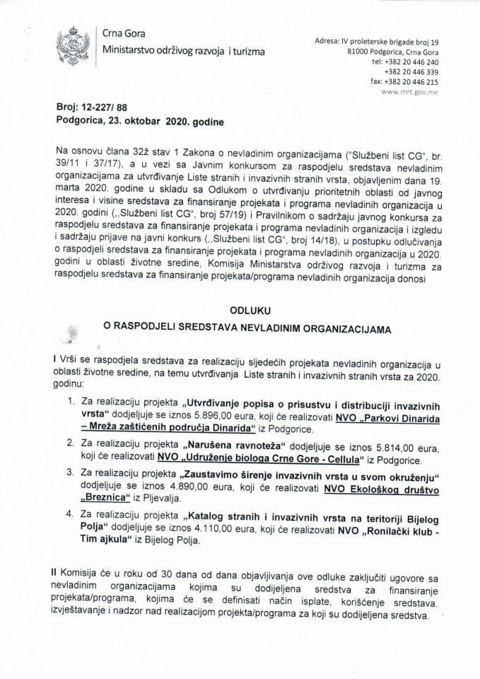 Odluka o raspodjeli sredstava nevladinim organizacijama u vezi sa Javnim konkursom za raspodjelu sredstava nevladinim organizacijama za utvrđivanje Liste stranih i invazivnih stranih vrsta