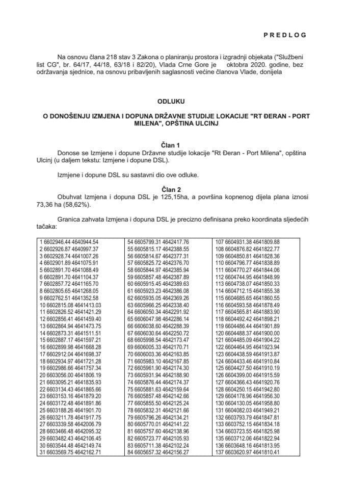 Predlog odluke o donošenju Izmjena i dopuna Državne studije lokacije "Rt Đeran - Port Milena", opština Ulcinj, sa izvještajem s Javne rasprave 	