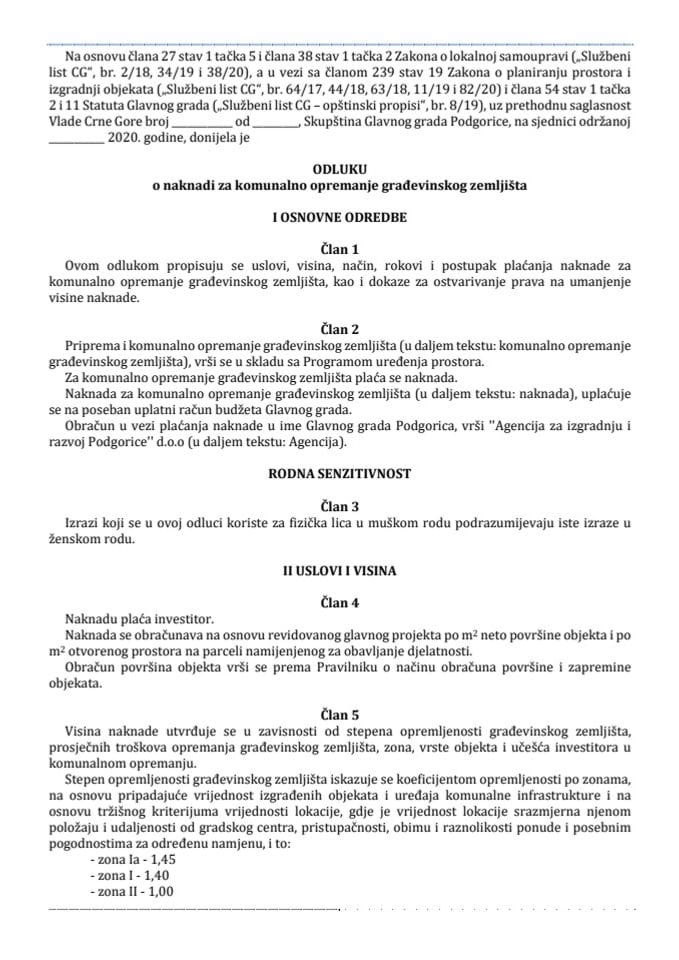 Predlog odluke o naknadi za komunalno opremanje građevinskog zemljišta Glavnog grada Podgorica 	