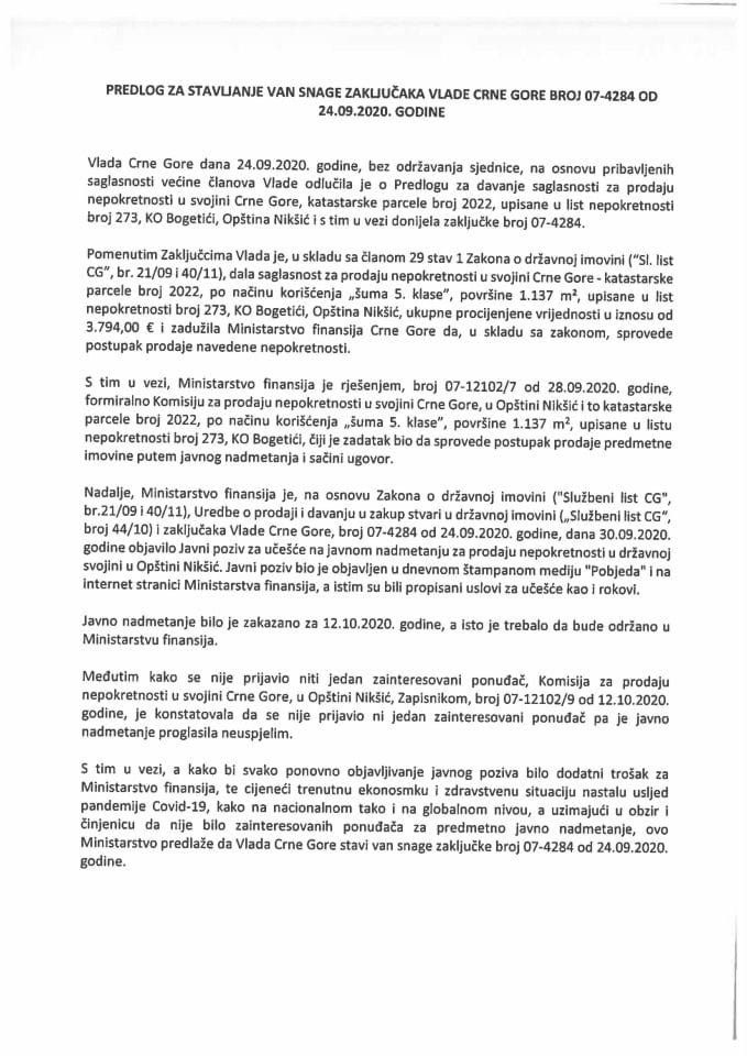 Предлог за стављање ван снаге Закључака Владе Црне Горе број 07-4284 од 24.септембра 2020. године (без расправе)	