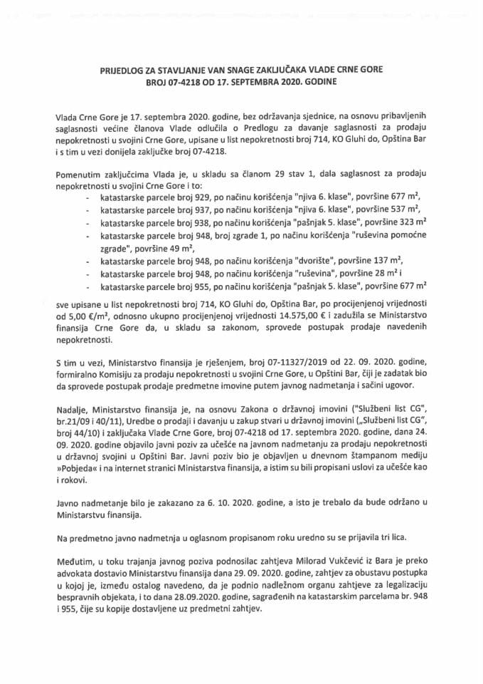 Предлог за стављање ван снаге Закључака Владе Црне Горе број 07-4218 од 17. септембра 2020. године (без расправе)	